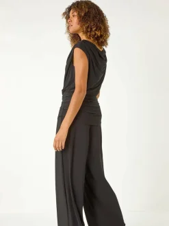 Online Roman Black Cowl Neck Ruched Stretch Jumpsuit