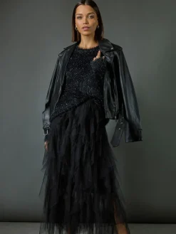 Roman Black Elasticated Mesh Layered Skirt^Women Skirts