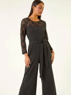 Roman Black Petite Lace Contrast Stretch Jumpsuit^Women Jumpsuits & Playsuits