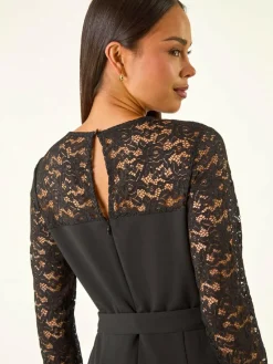 Roman Black Petite Lace Contrast Stretch Jumpsuit^Women Jumpsuits & Playsuits