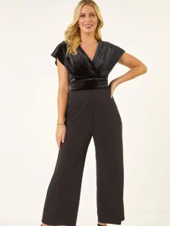 Hot Roman Black Petite Velvet Contrast Jumpsuit
