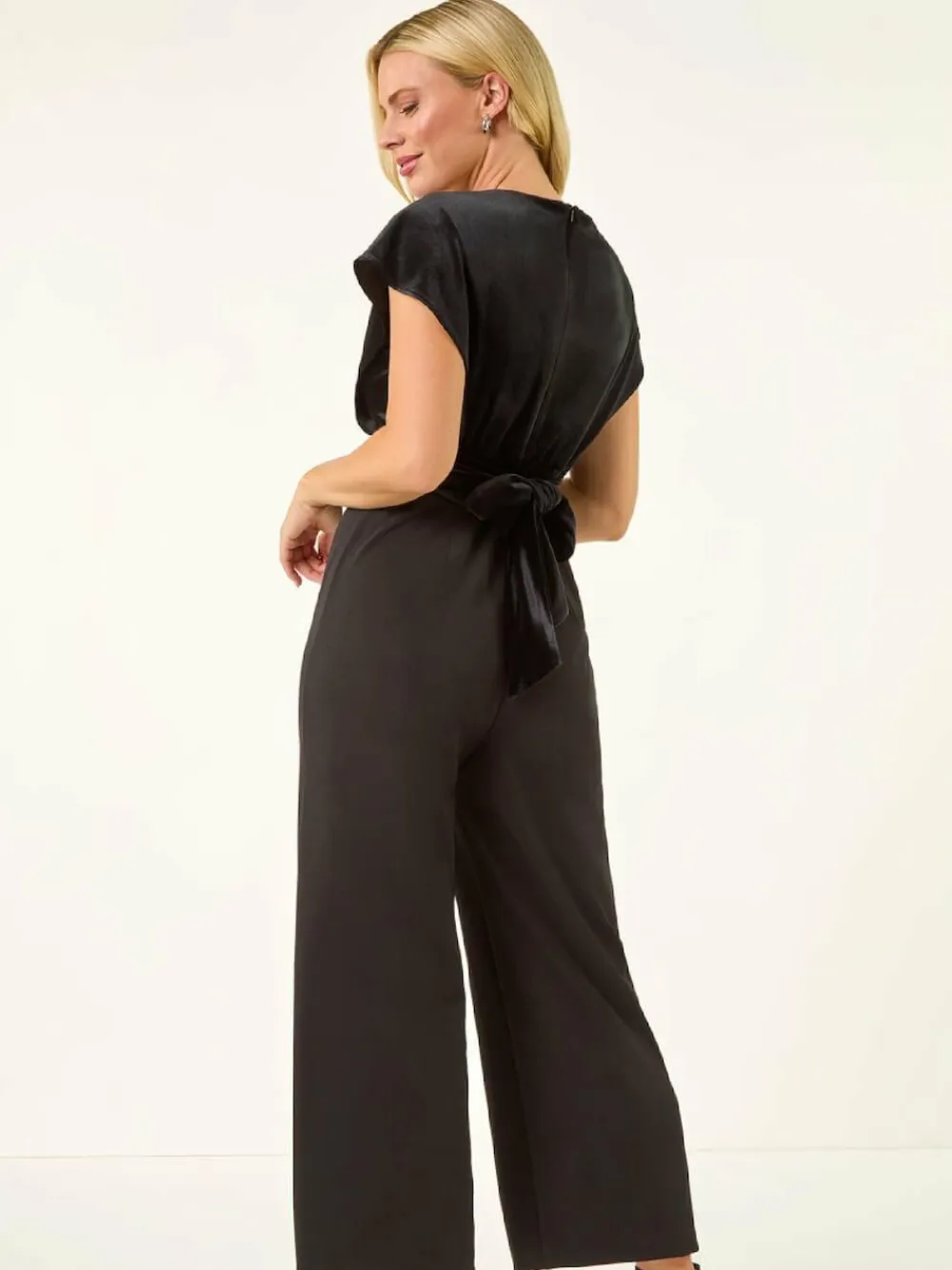 Hot Roman Black Petite Velvet Contrast Jumpsuit