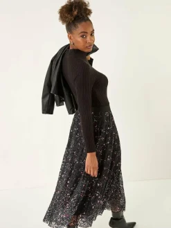Roman Black Printed Lace Overlay Skirt^Women Skirts