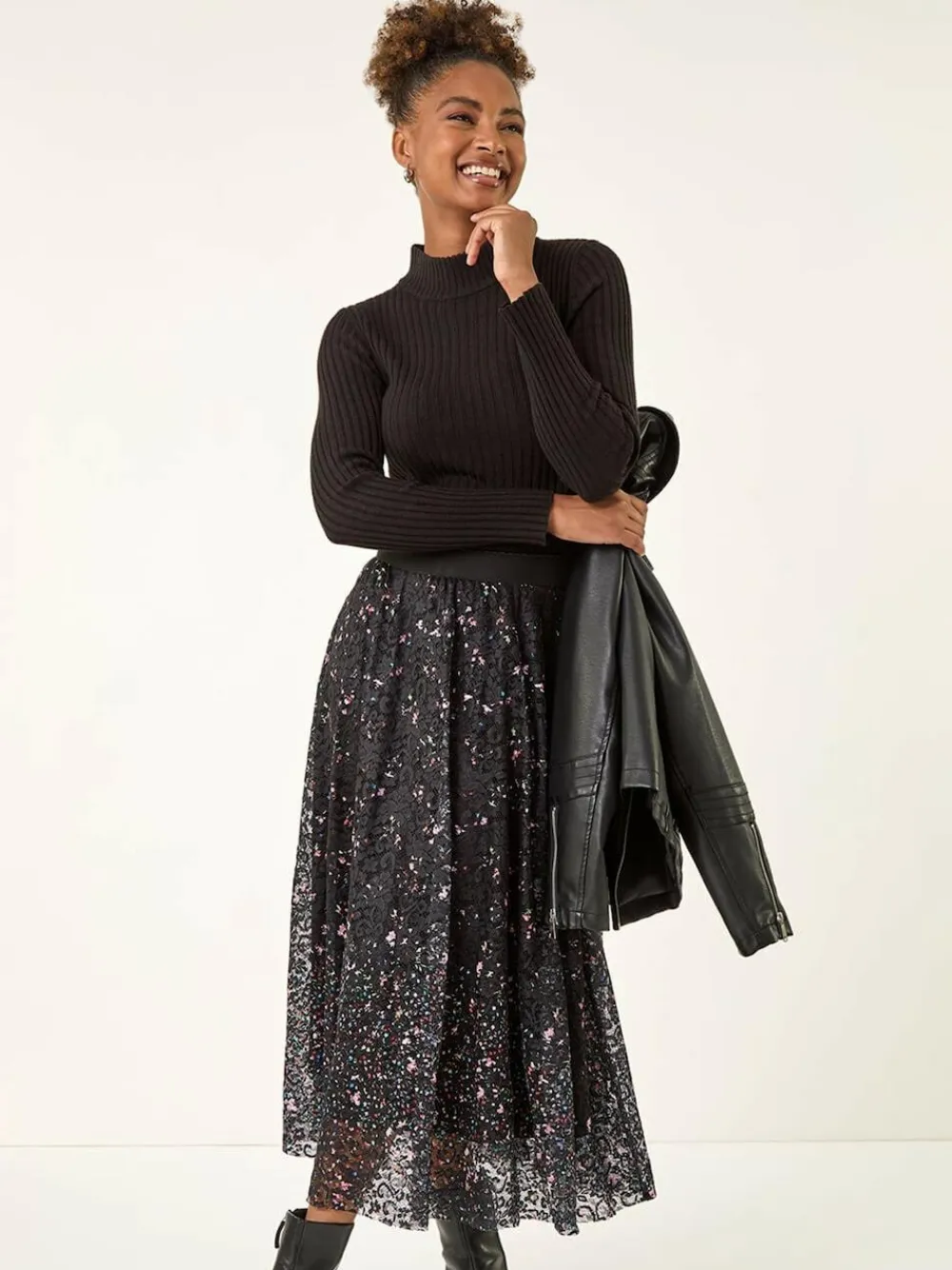 Roman Black Printed Lace Overlay Skirt^Women Skirts