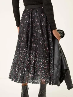 Roman Black Printed Lace Overlay Skirt^Women Skirts