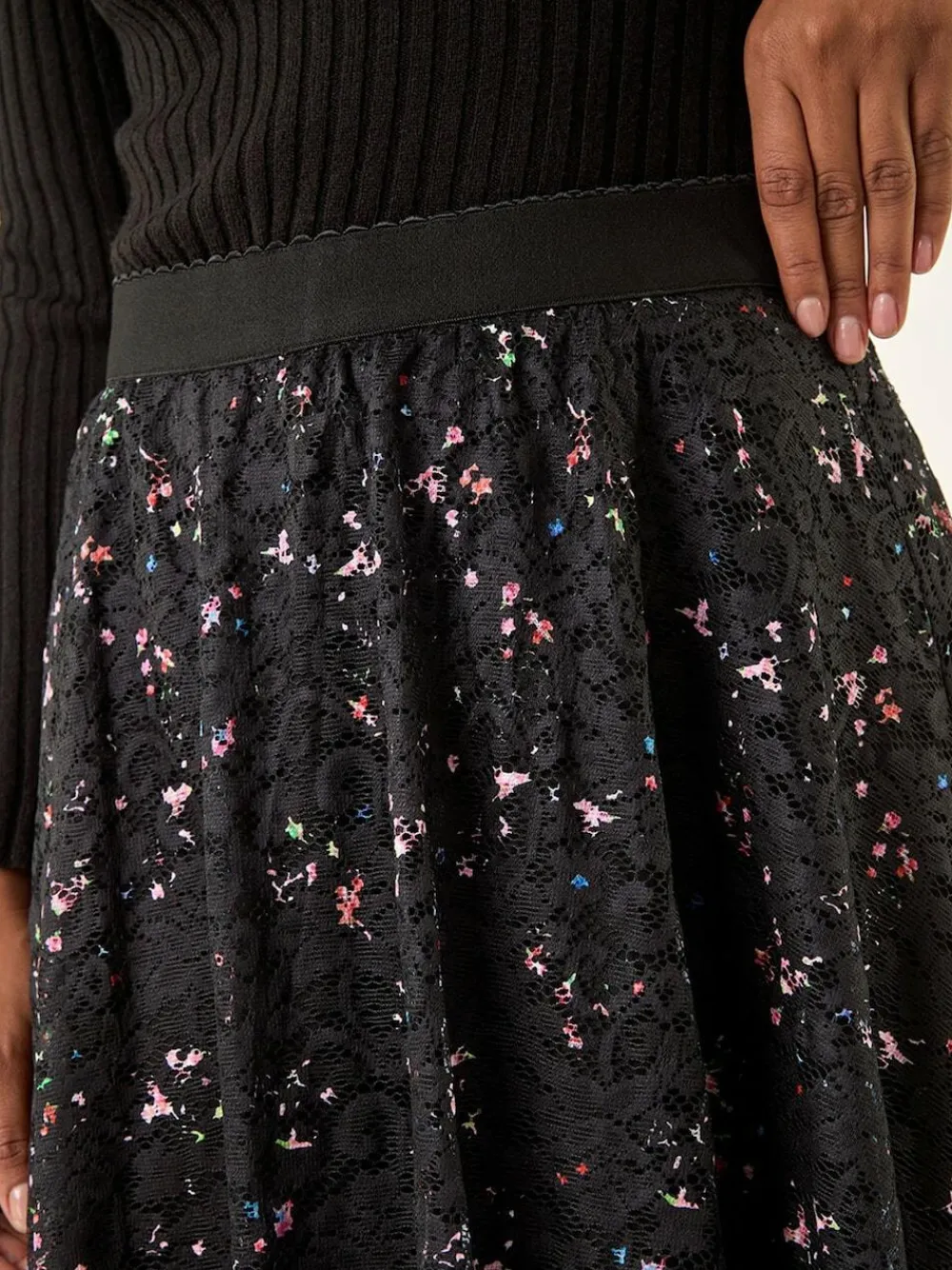Roman Black Printed Lace Overlay Skirt^Women Skirts