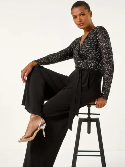 Roman Sequin Wrap V-Neck Stretch Jumpsuit^Women Jumpsuits & Playsuits