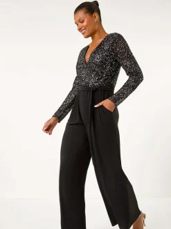 Roman Sequin Wrap V-Neck Stretch Jumpsuit^Women Jumpsuits & Playsuits