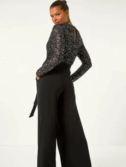 Roman Sequin Wrap V-Neck Stretch Jumpsuit^Women Jumpsuits & Playsuits