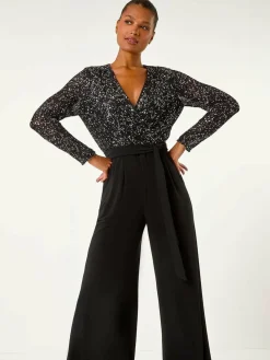 Roman Sequin Wrap V-Neck Stretch Jumpsuit^Women Jumpsuits & Playsuits
