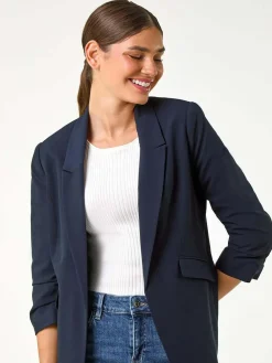 Roman Ruched Sleeve Stretch Blazer Blue