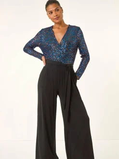 Roman Sequin Wrap V-Neck Stretch Jumpsuit^Women Jumpsuits & Playsuits