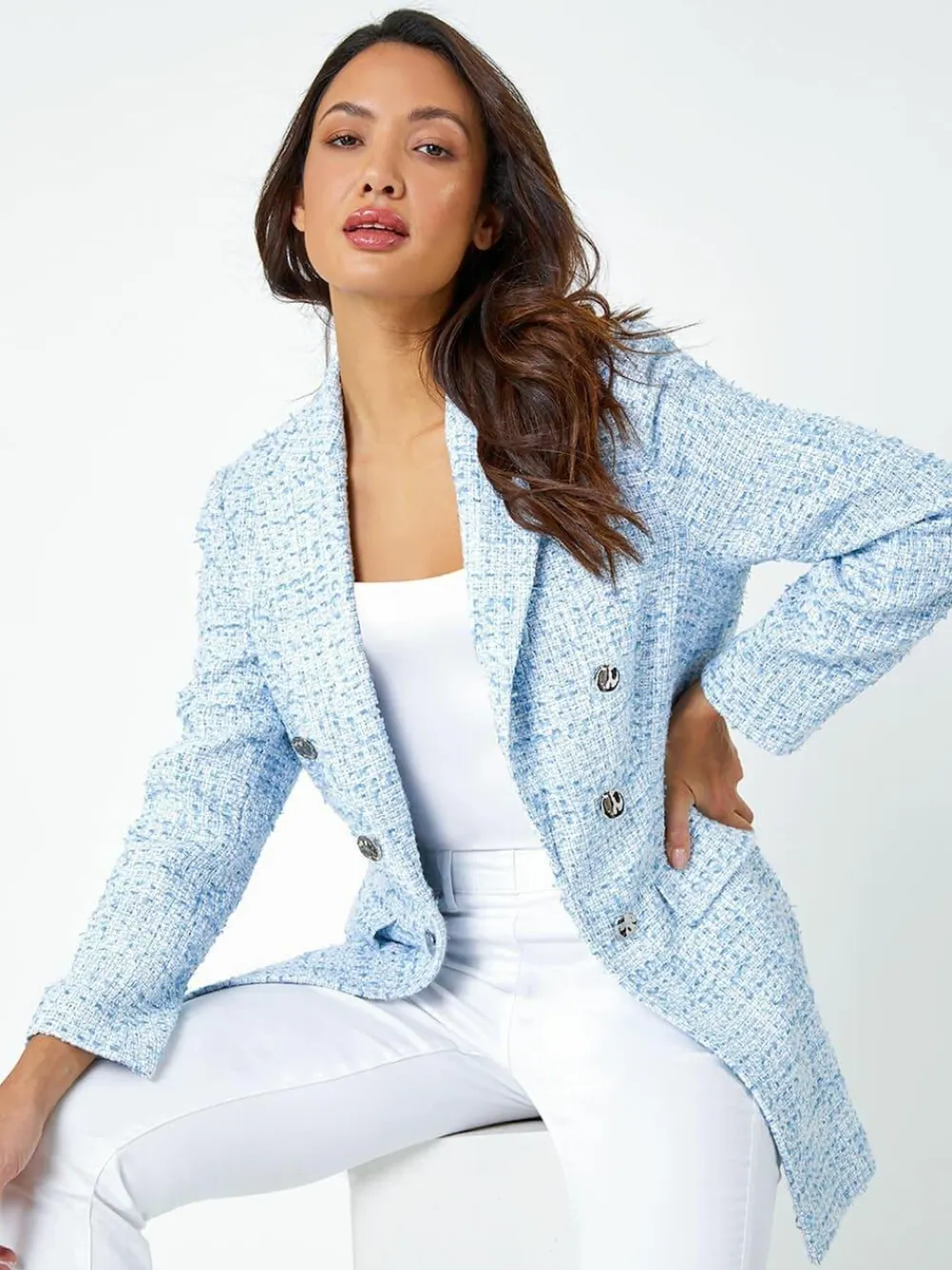 Roman Blue Textured Check Boucle Blazer Jacket