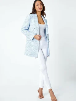 Roman Blue Textured Check Boucle Blazer Jacket