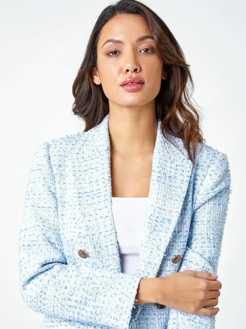 Roman Blue Textured Check Boucle Blazer Jacket