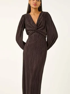 Roman Brown Plisse Twist Front Midi Dress^Women Occasion Dresses