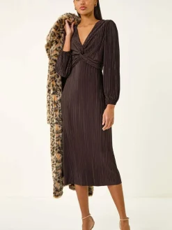Roman Brown Plisse Twist Front Midi Dress^Women Occasion Dresses