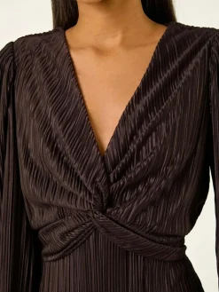 Roman Brown Plisse Twist Front Midi Dress^Women Occasion Dresses