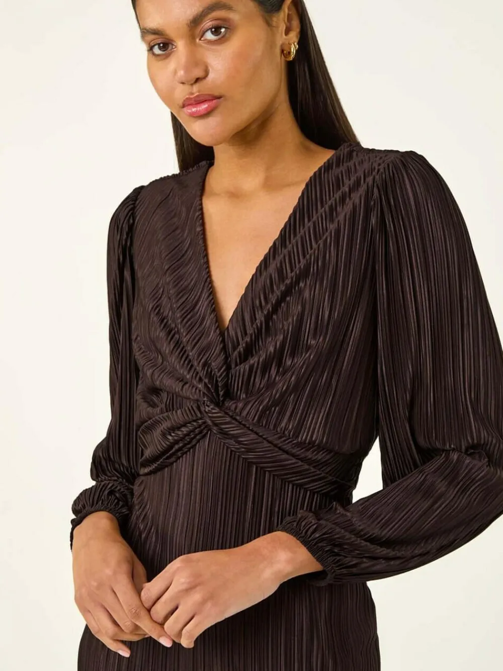 Roman Brown Plisse Twist Front Midi Dress^Women Occasion Dresses