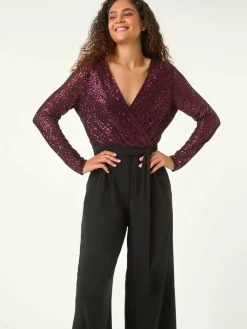 Roman Red Dark Sequin Wrap V-Neck Stretch Jumpsuit^Women Jumpsuits & Playsuits