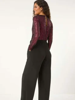 Roman Red Dark Sequin Wrap V-Neck Stretch Jumpsuit^Women Jumpsuits & Playsuits