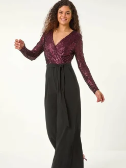 Roman Red Dark Sequin Wrap V-Neck Stretch Jumpsuit^Women Jumpsuits & Playsuits