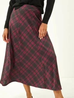 Hot Roman Panelled Check Midi Skirt Red