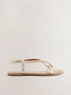 Next Rose Gold Leather Standard/Wide Fit Plait Strappy Toe Thong^Women Wide Fit & Extra Wide Fit
