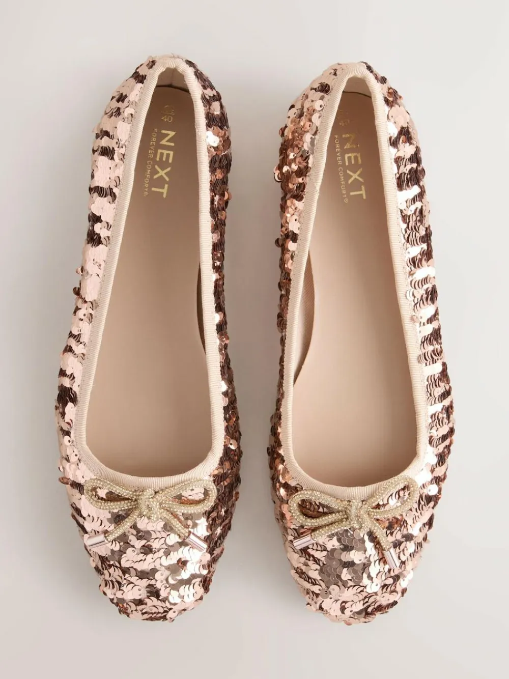 Next Rose Gold Sequin Standard/Wide Fit Round Toe Ballerina Shoes^Women Occasionwear|Wide Fit & Extra Wide Fit