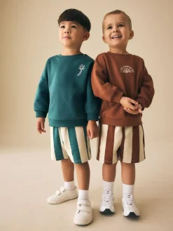Next Rust Brown and Teal Crew Neck Sweatshirt and Shorts 2 Pack Set (3mths-7yrs)^BOY Sweatshirts & Hoodies|Sets & Outfits