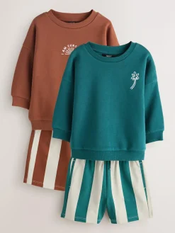 Next Rust Brown and Teal Crew Neck Sweatshirt and Shorts 2 Pack Set (3mths-7yrs)^BOY Sweatshirts & Hoodies|Sets & Outfits
