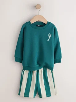 Next Rust Brown and Teal Crew Neck Sweatshirt and Shorts 2 Pack Set (3mths-7yrs)^BOY Sweatshirts & Hoodies|Sets & Outfits