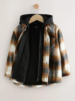 Next Borg Lined Hooded Check Shacket (3-16yrs)^BOY Shirts|Coats & Jackets