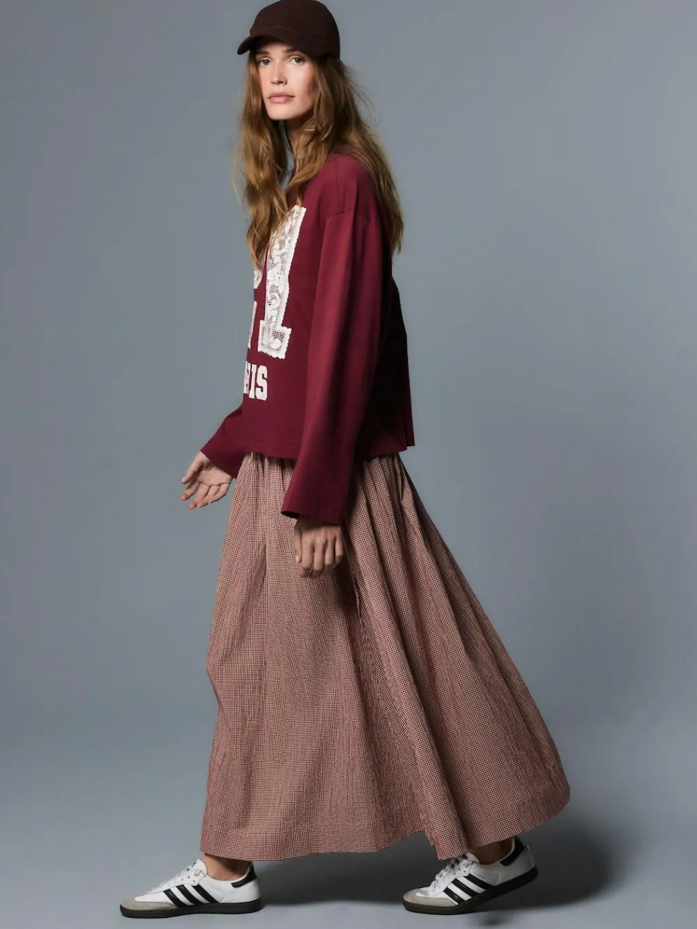 Hot Next Drop Waist Gingham Maxi Skirt Rust Brown