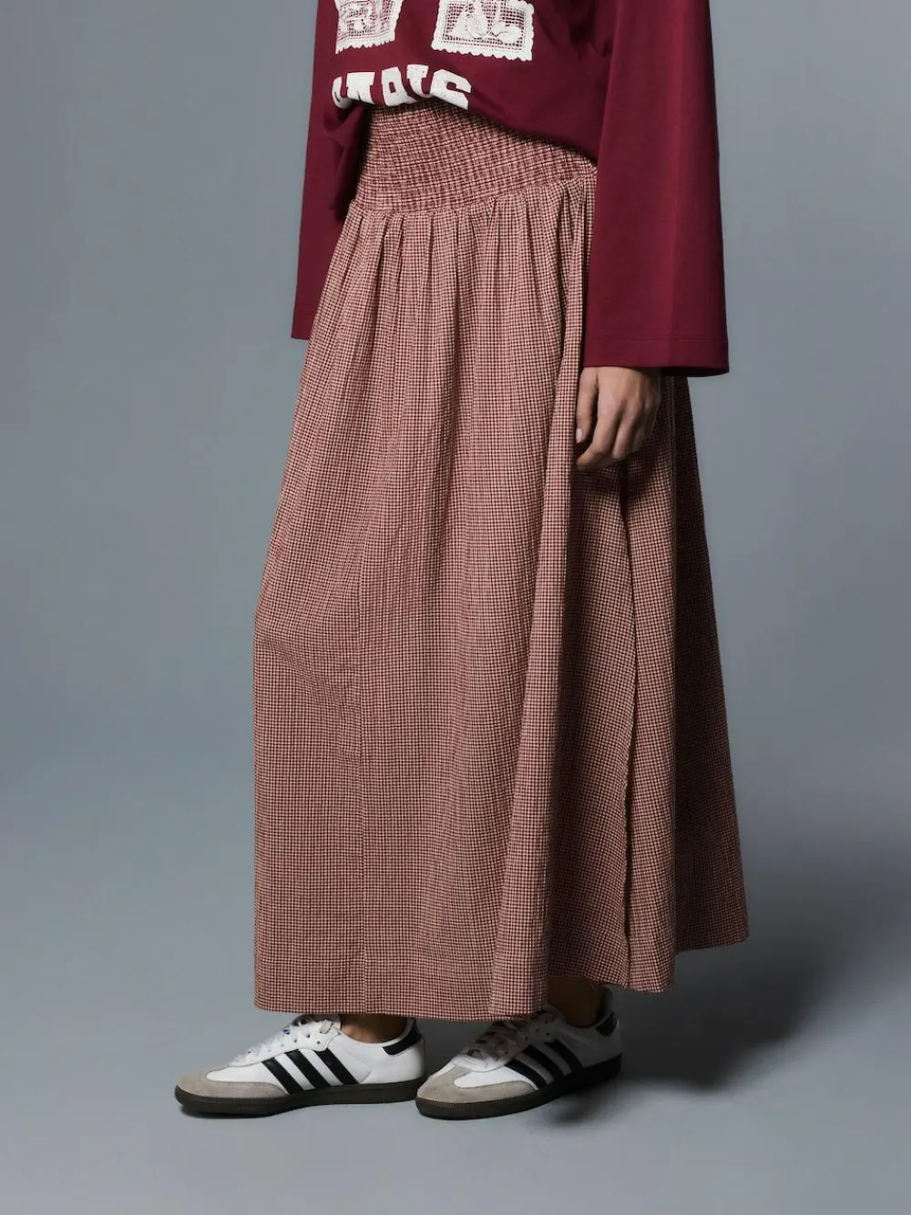 Hot Next Drop Waist Gingham Maxi Skirt Rust Brown