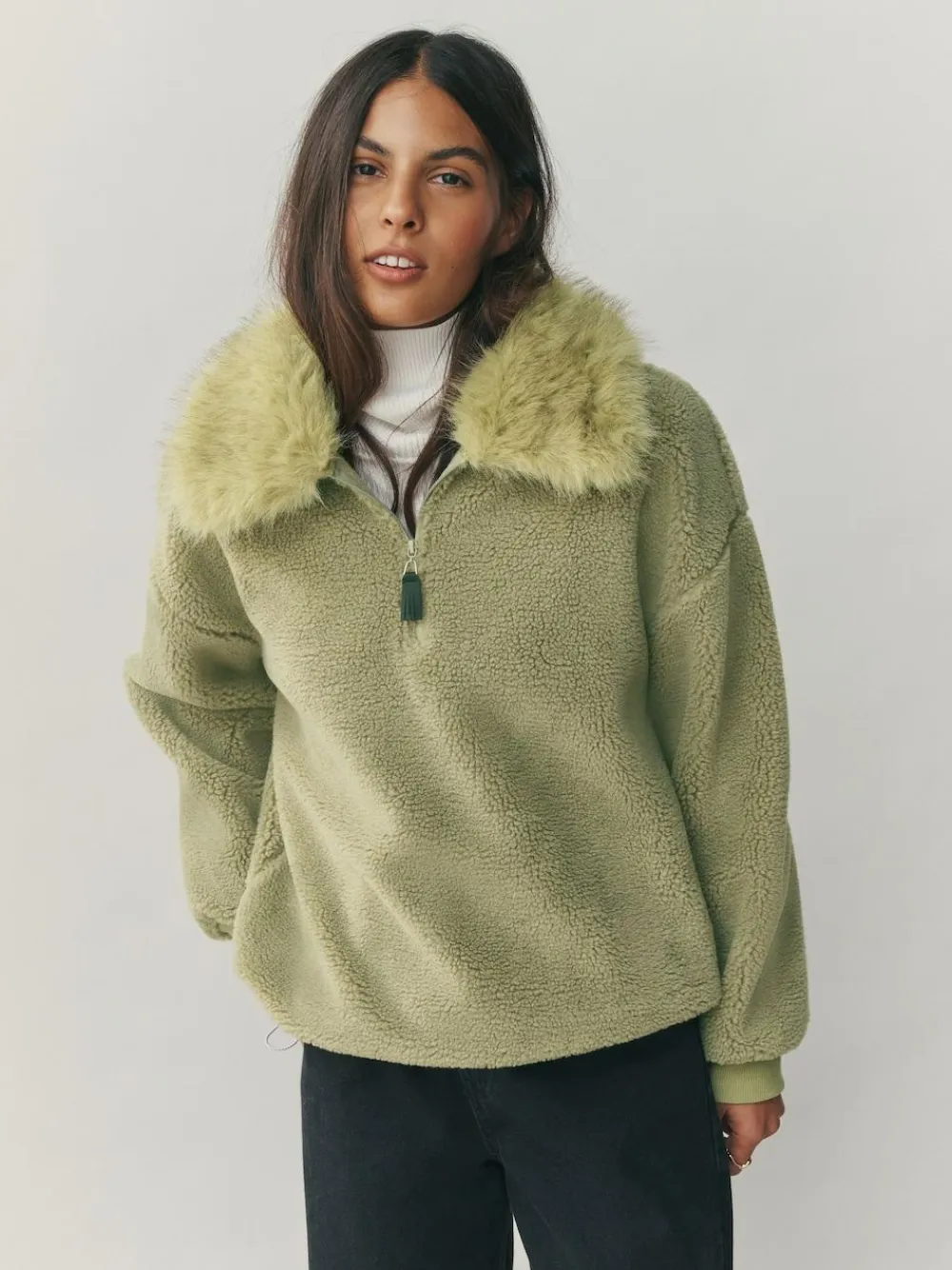 Next Sage Green Borg Quarter Zip Fleece with Fur Collar^Women Coats & Jackets|Coats & Jackets