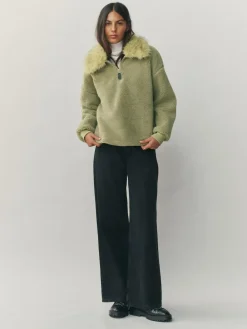 Next Sage Green Borg Quarter Zip Fleece with Fur Collar^Women Coats & Jackets|Coats & Jackets