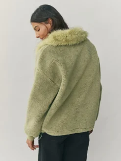 Next Sage Green Borg Quarter Zip Fleece with Fur Collar^Women Coats & Jackets|Coats & Jackets