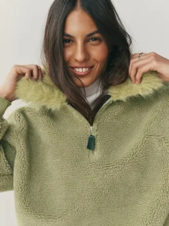 Next Sage Green Borg Quarter Zip Fleece with Fur Collar^Women Coats & Jackets|Coats & Jackets