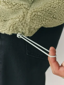 Next Sage Green Borg Quarter Zip Fleece with Fur Collar^Women Coats & Jackets|Coats & Jackets