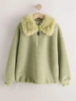Next Sage Green Borg Quarter Zip Fleece with Fur Collar^Women Coats & Jackets|Coats & Jackets
