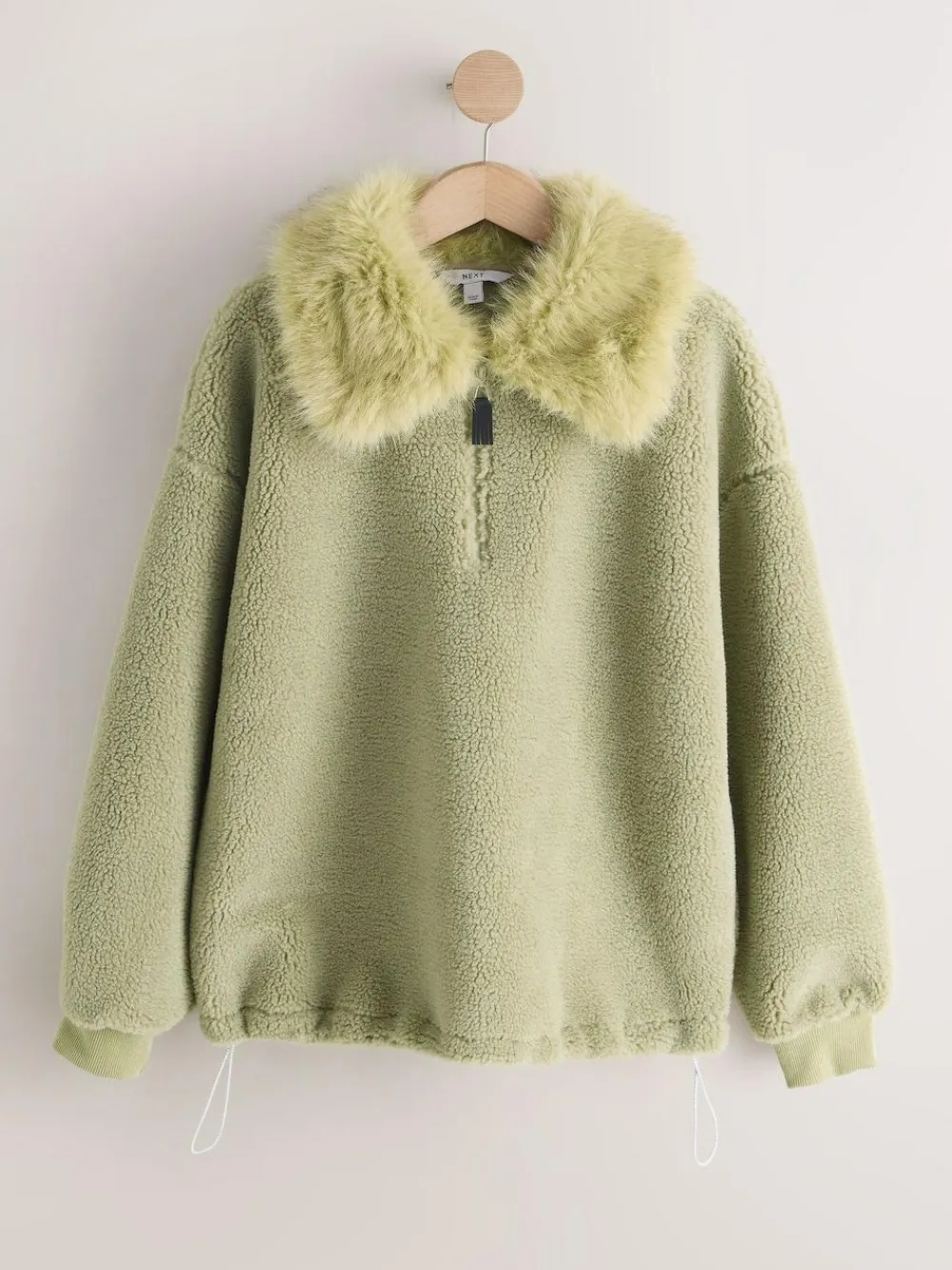 Next Sage Green Borg Quarter Zip Fleece with Fur Collar^Women Coats & Jackets|Coats & Jackets