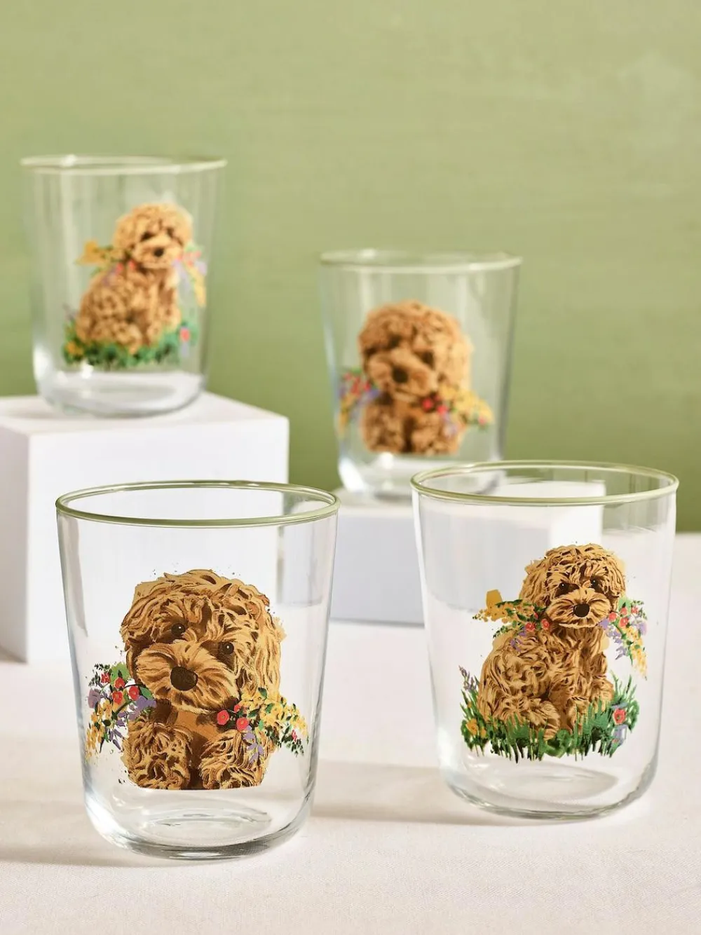 New Next Sage Green Charlie the Cockapoo Tumbler Glasses Set Of 4