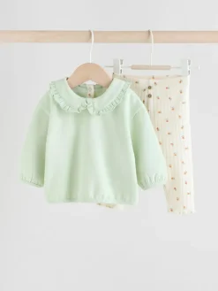 Next Sage Green/ Cream Ditsy Baby Frill Collar Sweater and Leggings 2 Piece Set (0mths-2yrs)^ Sweatshirts & Hoodies|Sets & Coords