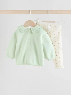 Next Sage Green/ Cream Ditsy Baby Frill Collar Sweater and Leggings 2 Piece Set (0mths-2yrs)^ Sweatshirts & Hoodies|Sets & Coords