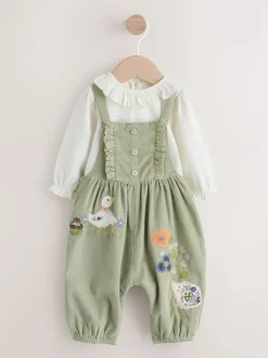 Next Sage Green Embroidered Long Sleeve Bodysuit and Cord Dungaree 2 Piece Baby Set (0mths-3yrs)^ Baby Girls|Baby Girls
