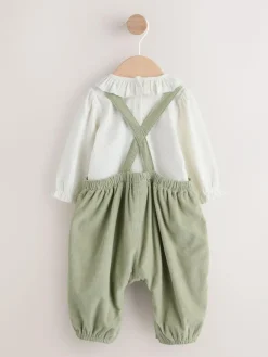 Next Sage Green Embroidered Long Sleeve Bodysuit and Cord Dungaree 2 Piece Baby Set (0mths-3yrs)^ Baby Girls|Baby Girls