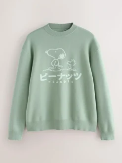 Next Sage Green Relaxed Fit Snoopy Graphic Print Crew Neck Jumper^ Knitwear|Knitwear