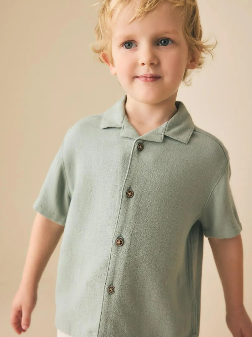 New Next Short Sleeves Linen Blend Revere Collar Shirt (3mths-7yrs) Sage Green