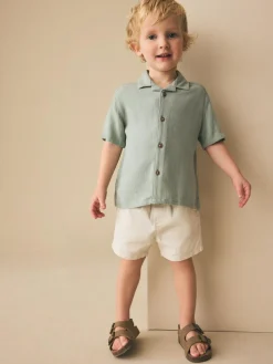 New Next Short Sleeves Linen Blend Revere Collar Shirt (3mths-7yrs) Sage Green